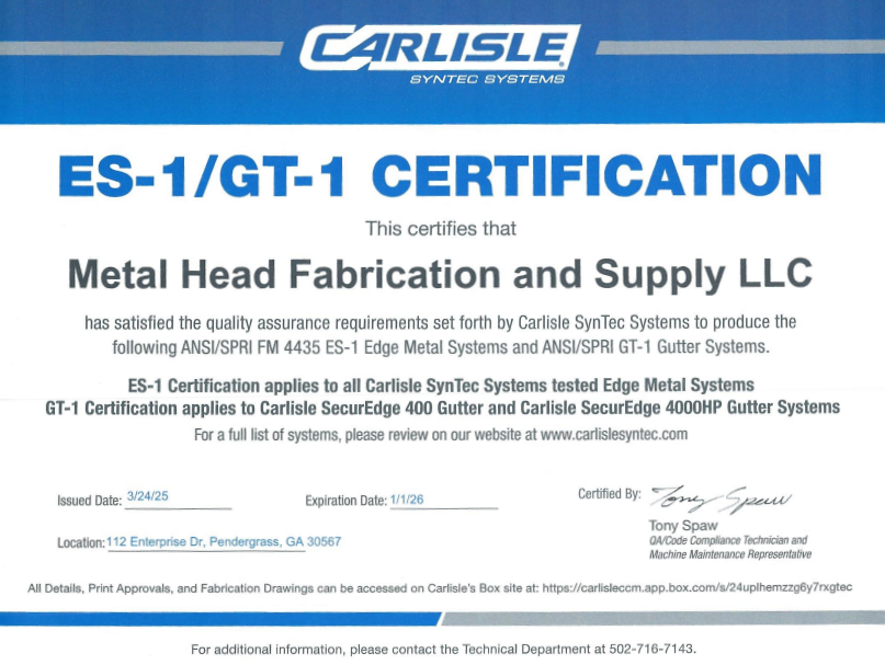 Carlisle ES1 and GT1 Certified fabrication badge – Metal Head Fabrication and Supply